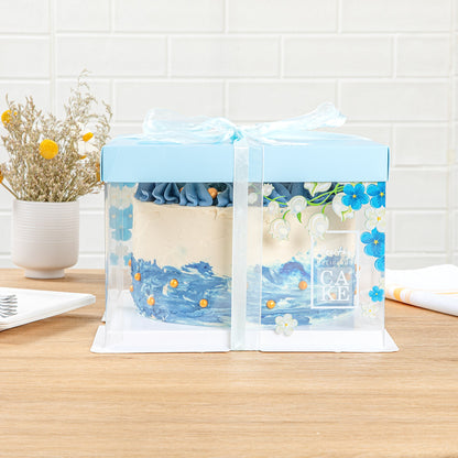 Sweet Vision Square Clear Plastic Cake Box - Blue Lid and White Base, Blue Ribbon, Flower Accent - 8 1/2" x 8 1/2" x 6 3/4" - 10 count box