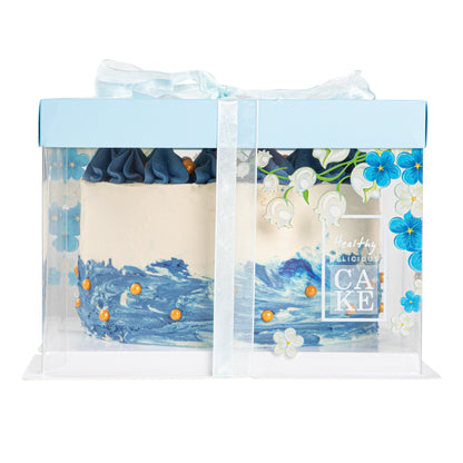 Sweet Vision Square Clear Plastic Cake Box - Blue Lid and White Base, Blue Ribbon, Flower Accent - 8 1/2" x 8 1/2" x 6 3/4" - 10 count box