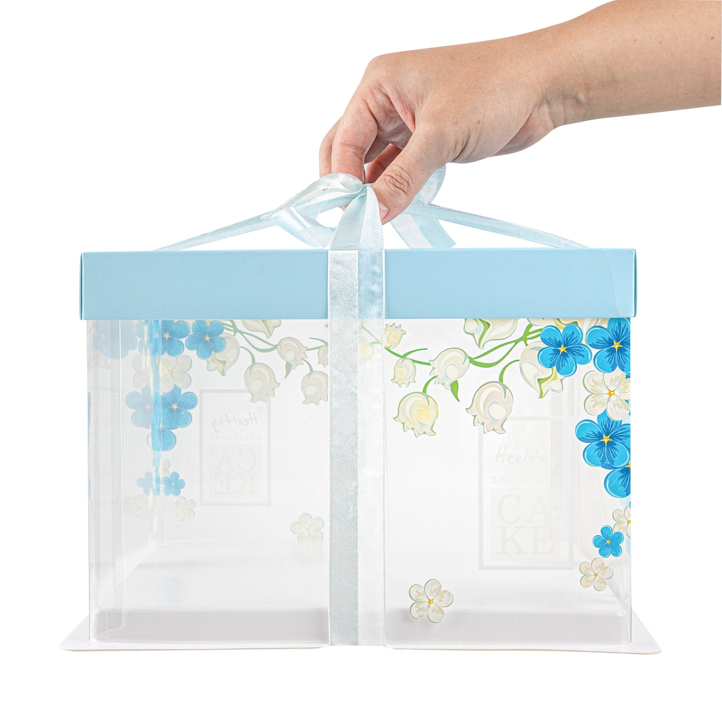Sweet Vision Square Clear Plastic Cake Box - Blue Lid and White Base, Blue Ribbon, Flower Accent - 8 1/2" x 8 1/2" x 6 3/4" - 10 count box