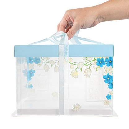 Sweet Vision Square Clear Plastic Cake Box - Blue Lid and White Base, Blue Ribbon, Flower Accent - 8 1/2" x 8 1/2" x 6 3/4" - 10 count box