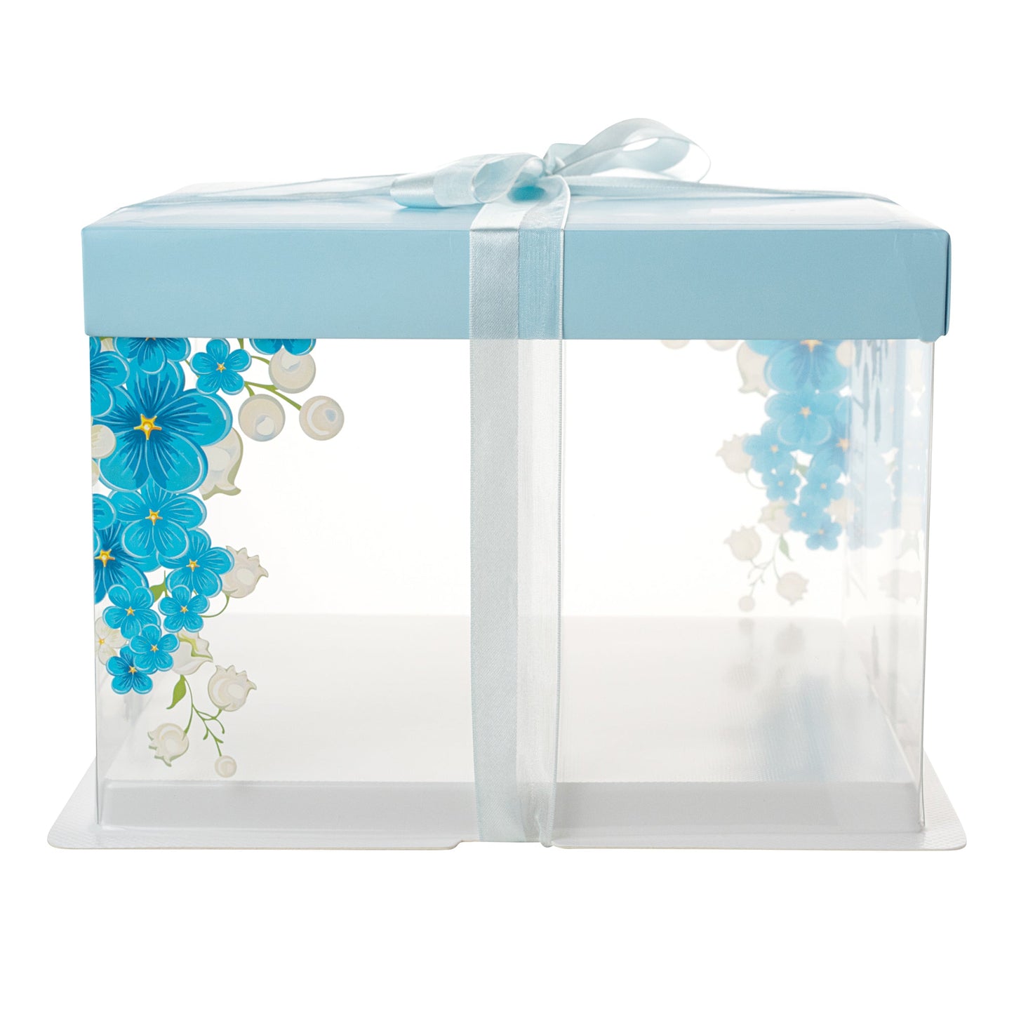 Sweet Vision Square Clear Plastic Cake Box - Blue Lid and White Base, Blue Ribbon, Flower Accent - 8 1/2" x 8 1/2" x 6 3/4" - 10 count box