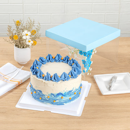 Sweet Vision Square Clear Plastic Cake Box - Blue Lid and White Base, Blue Ribbon, Flower Accent - 8 1/2" x 8 1/2" x 6 3/4" - 10 count box