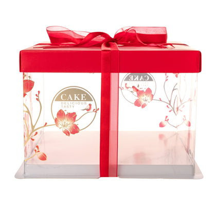 Sweet Vision Square Clear Plastic Cake Box - Red Lid / Ribbon, White Base, Flower / Bird Accent - 8 1/2" x 8 1/2" x 6 3/4" - 10 count box