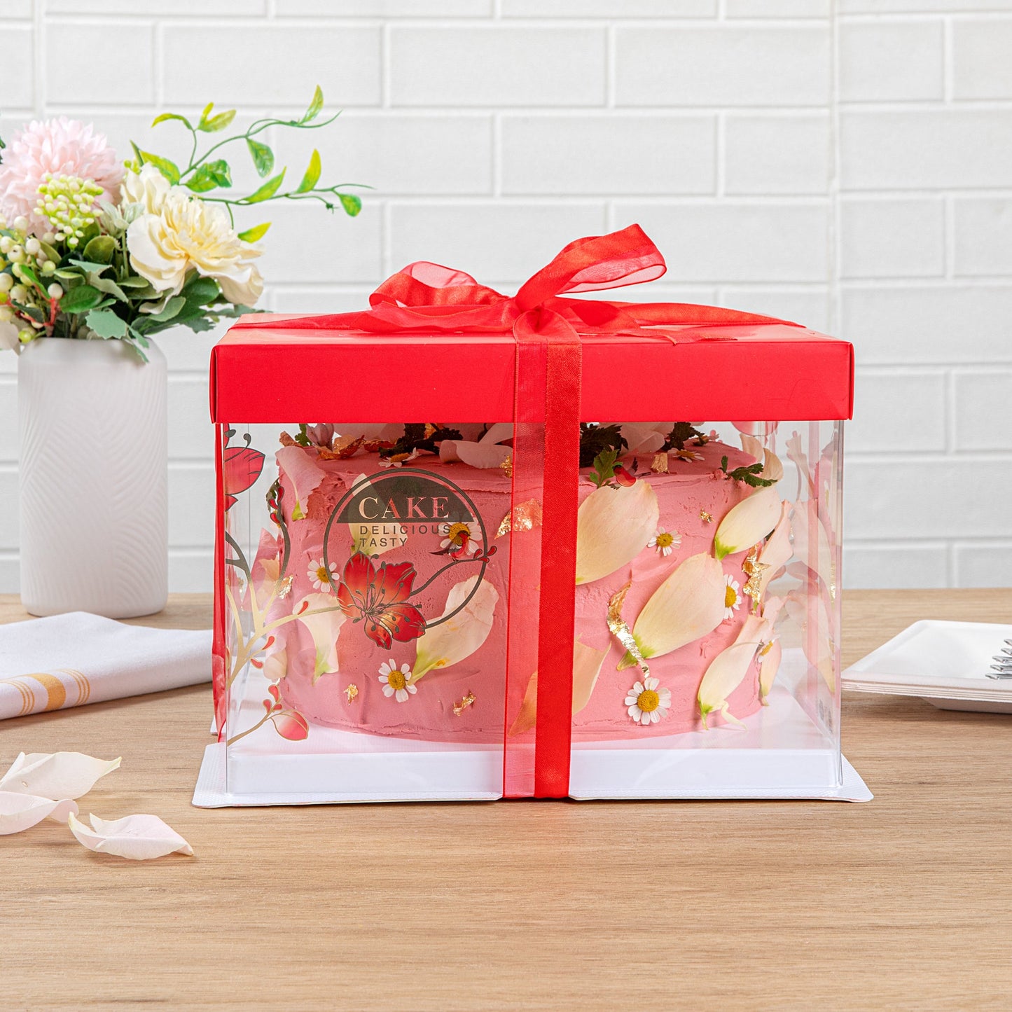 Sweet Vision Square Clear Plastic Cake Box - Red Lid / Ribbon, White Base, Flower / Bird Accent - 8 1/2" x 8 1/2" x 6 3/4" - 10 count box