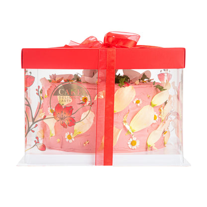 Sweet Vision Square Clear Plastic Cake Box - Red Lid / Ribbon, White Base, Flower / Bird Accent - 8 1/2" x 8 1/2" x 6 3/4" - 10 count box