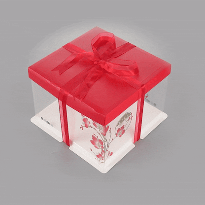 Sweet Vision Square Clear Plastic Cake Box - Red Lid / Ribbon, White Base, Flower / Bird Accent - 8 1/2" x 8 1/2" x 6 3/4" - 10 count box