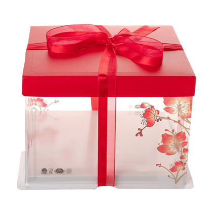 Sweet Vision Square Clear Plastic Cake Box - Red Lid / Ribbon, White Base, Flower / Bird Accent - 8 1/2" x 8 1/2" x 6 3/4" - 10 count box