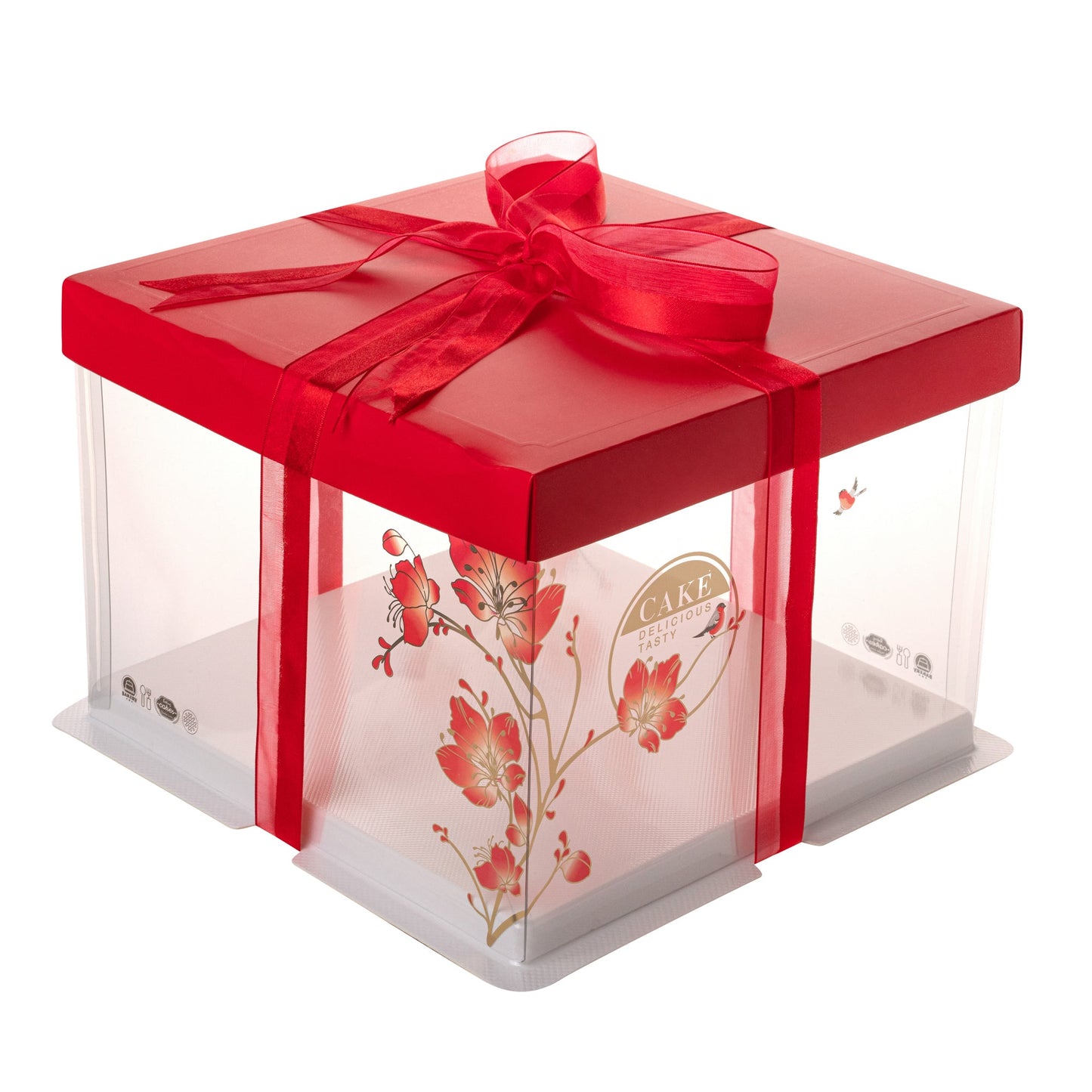 Sweet Vision Square Clear Plastic Cake Box - Red Lid / Ribbon, White Base, Flower / Bird Accent - 8 1/2" x 8 1/2" x 6 3/4" - 10 count box