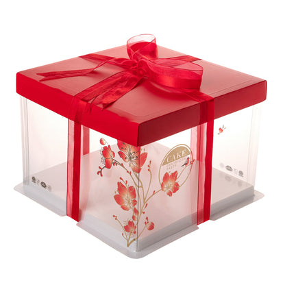 Sweet Vision Square Clear Plastic Cake Box - Red Lid / Ribbon, White Base, Flower / Bird Accent - 8 1/2" x 8 1/2" x 6 3/4" - 10 count box
