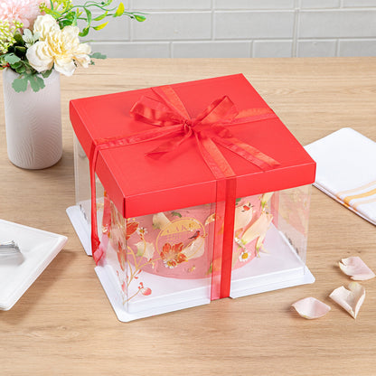 Sweet Vision Square Clear Plastic Cake Box - Red Lid / Ribbon, White Base, Flower / Bird Accent - 8 1/2" x 8 1/2" x 6 3/4" - 10 count box