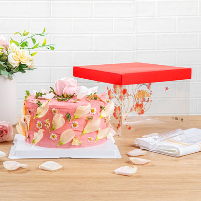 Sweet Vision Square Clear Plastic Cake Box - Red Lid / Ribbon, White Base, Flower / Bird Accent - 8 1/2" x 8 1/2" x 6 3/4" - 10 count box