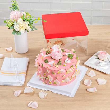 Sweet Vision Square Clear Plastic Cake Box - Red Lid / Ribbon, White Base, Flower / Bird Accent - 8 1/2" x 8 1/2" x 6 3/4" - 10 count box