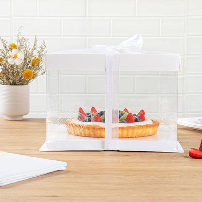 Sweet Vision Square Clear Plastic Cake Box - White Lid and White Base, Gray Ribbon, Lotus Accent - 8 1/2" x 8 1/2" x 6 3/4" - 10 count box