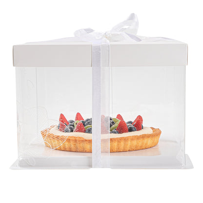 Sweet Vision Square Clear Plastic Cake Box - White Lid and White Base, Gray Ribbon, Lotus Accent - 8 1/2" x 8 1/2" x 6 3/4" - 10 count box