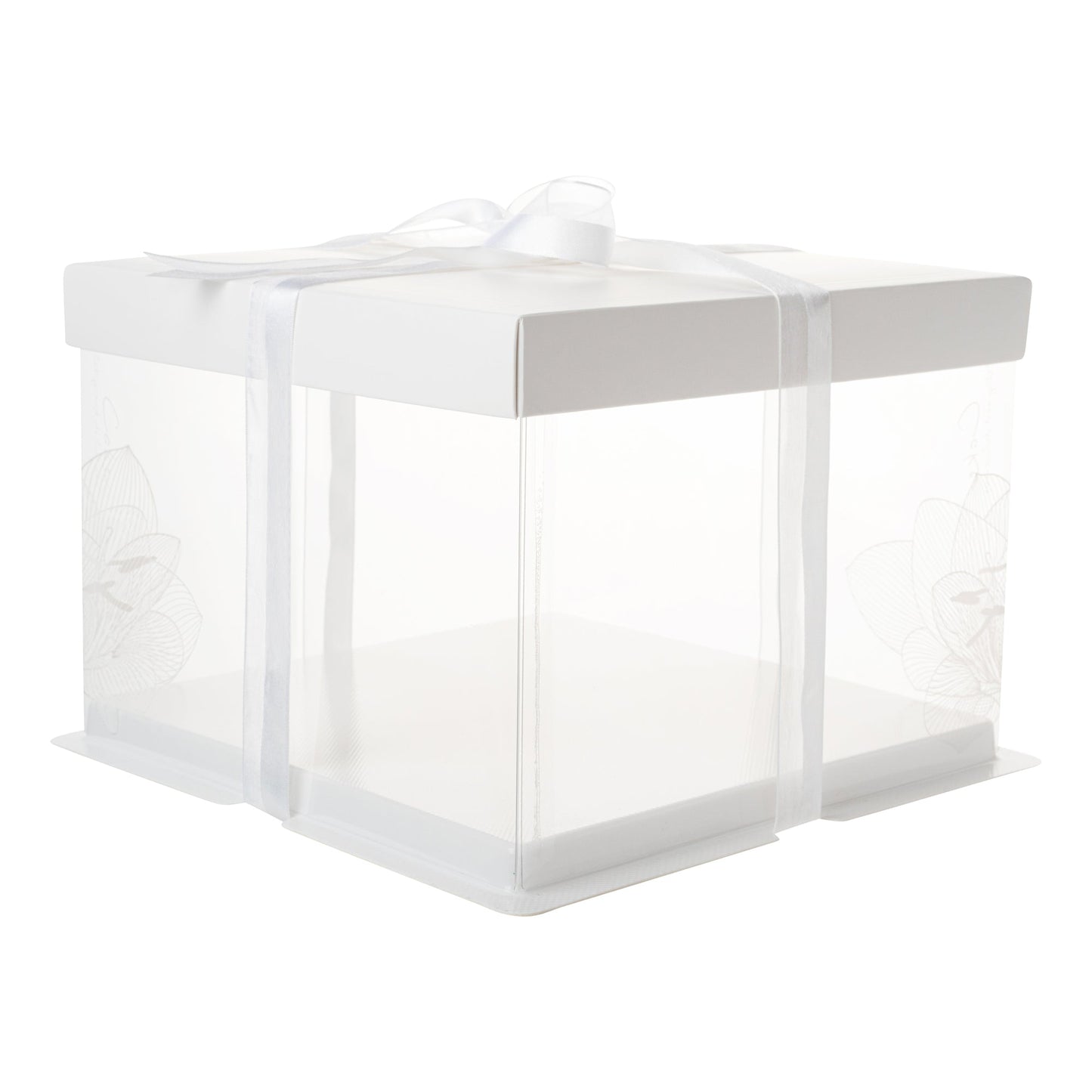 Sweet Vision Square Clear Plastic Cake Box - White Lid and White Base, Gray Ribbon, Lotus Accent - 8 1/2" x 8 1/2" x 6 3/4" - 10 count box