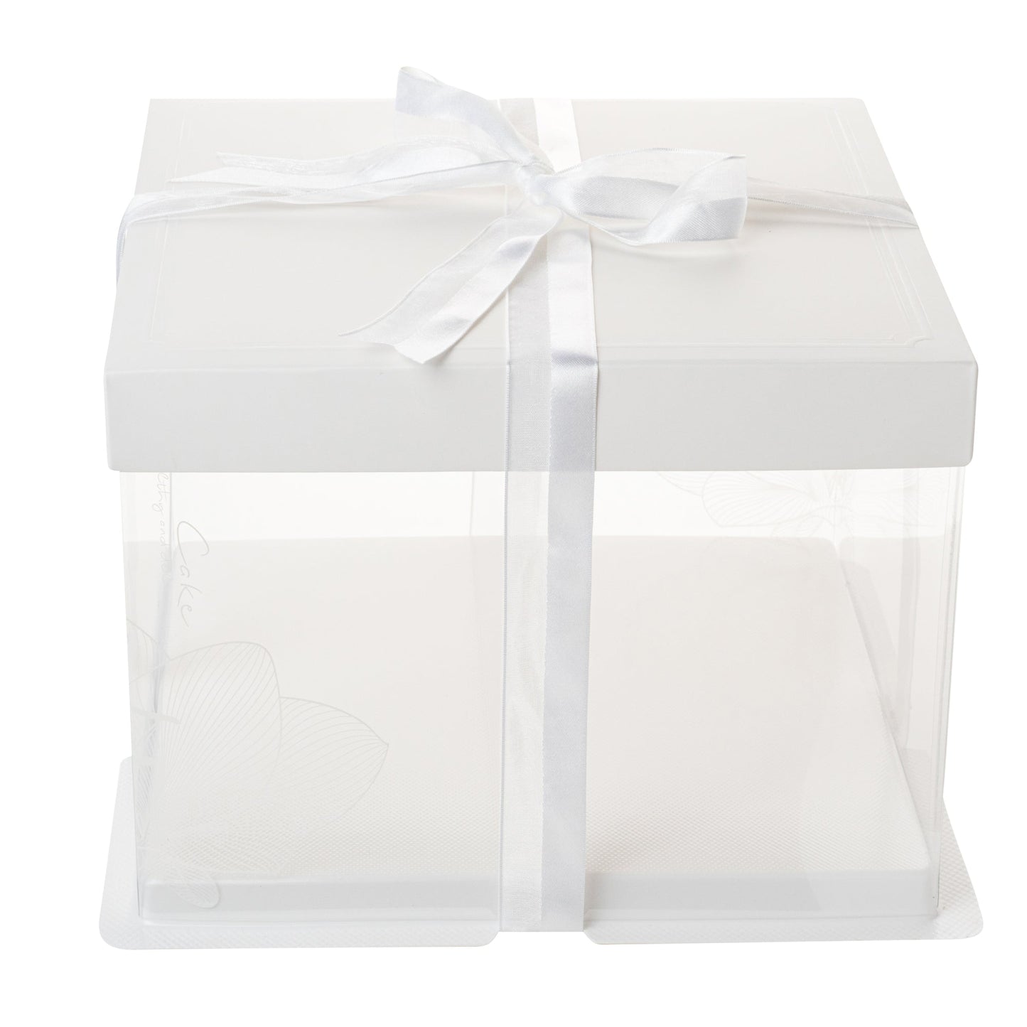 Sweet Vision Square Clear Plastic Cake Box - White Lid and White Base, Gray Ribbon, Lotus Accent - 8 1/2" x 8 1/2" x 6 3/4" - 10 count box