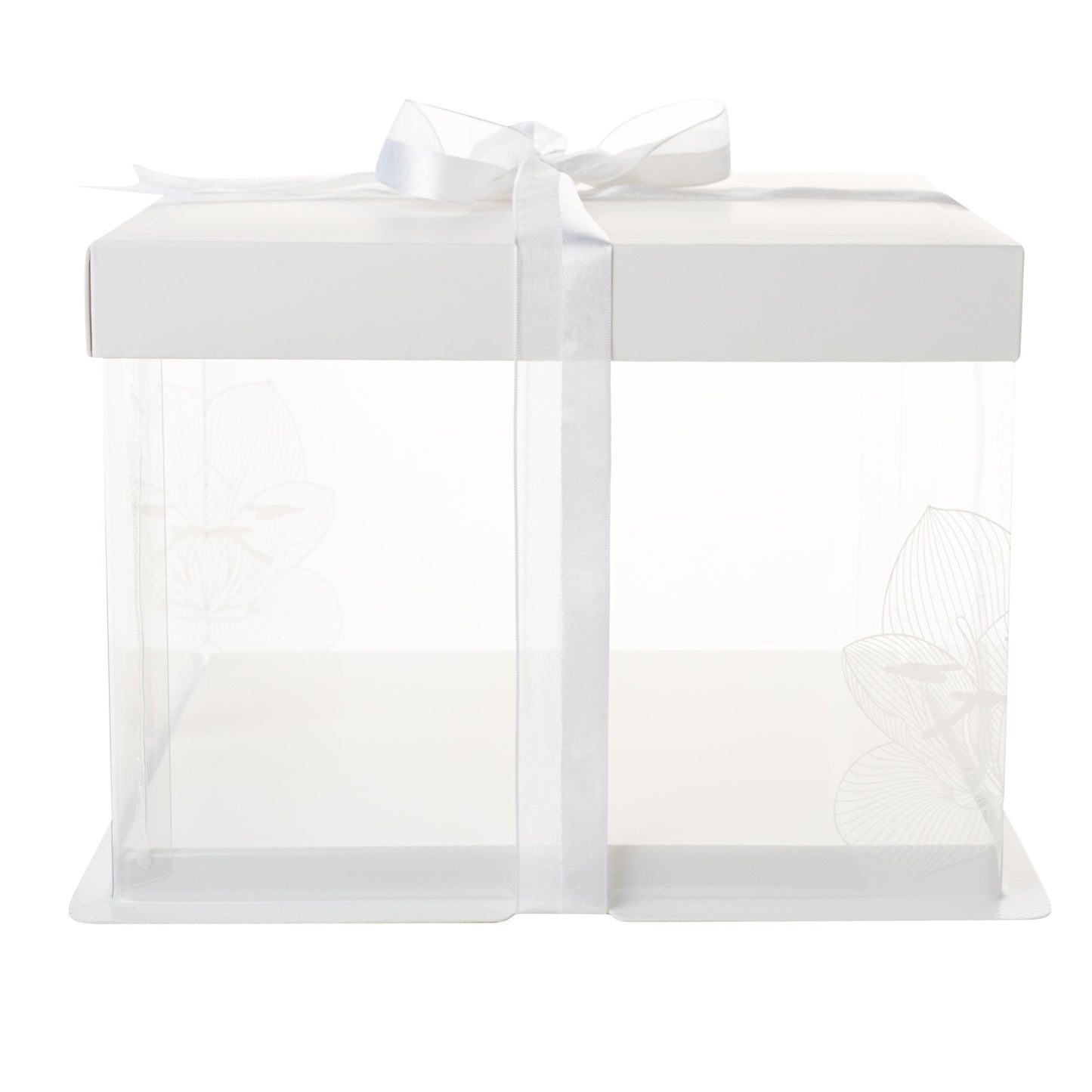 Sweet Vision Square Clear Plastic Cake Box - White Lid and White Base, Gray Ribbon, Lotus Accent - 8 1/2" x 8 1/2" x 6 3/4" - 10 count box