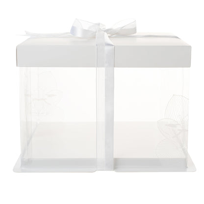 Sweet Vision Square Clear Plastic Cake Box - White Lid and White Base, Gray Ribbon, Lotus Accent - 8 1/2" x 8 1/2" x 6 3/4" - 10 count box