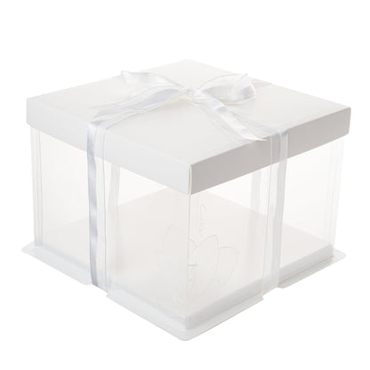 Sweet Vision Square Clear Plastic Cake Box - White Lid and White Base, Gray Ribbon, Lotus Accent - 8 1/2" x 8 1/2" x 6 3/4" - 10 count box