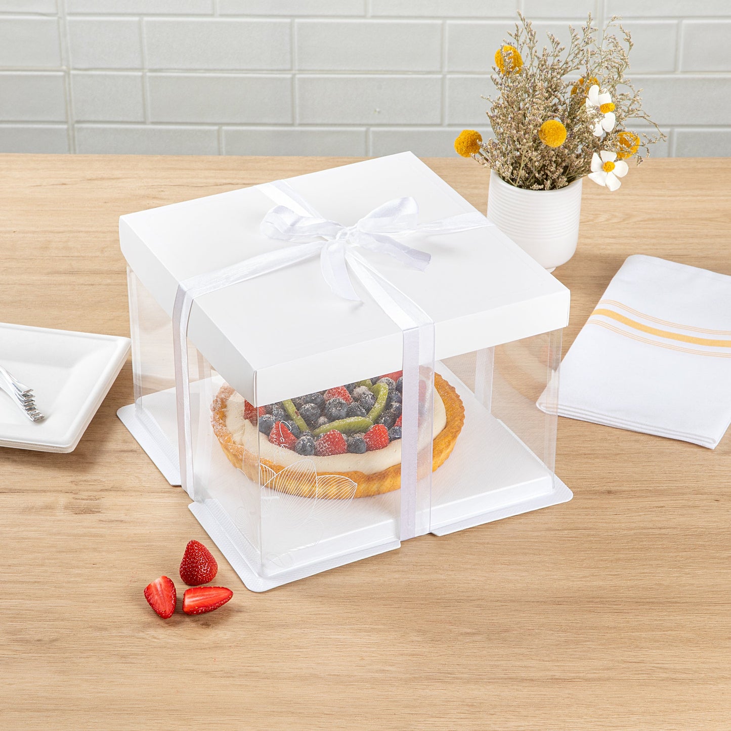 Sweet Vision Square Clear Plastic Cake Box - White Lid and White Base, Gray Ribbon, Lotus Accent - 8 1/2" x 8 1/2" x 6 3/4" - 10 count box
