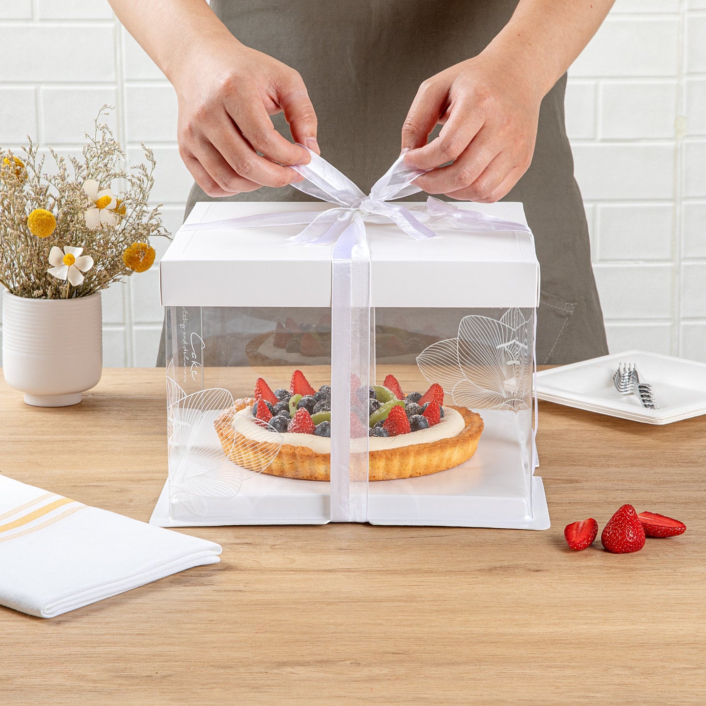 Sweet Vision Square Clear Plastic Cake Box - White Lid and White Base, Gray Ribbon, Lotus Accent - 8 1/2" x 8 1/2" x 6 3/4" - 10 count box