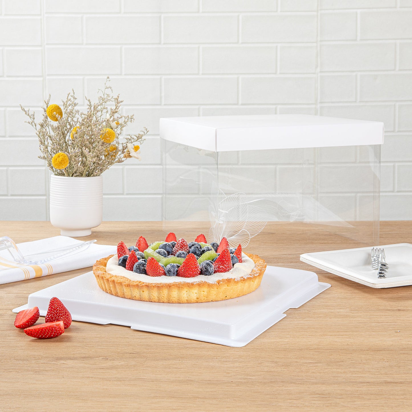 Sweet Vision Square Clear Plastic Cake Box - White Lid and White Base, Gray Ribbon, Lotus Accent - 8 1/2" x 8 1/2" x 6 3/4" - 10 count box