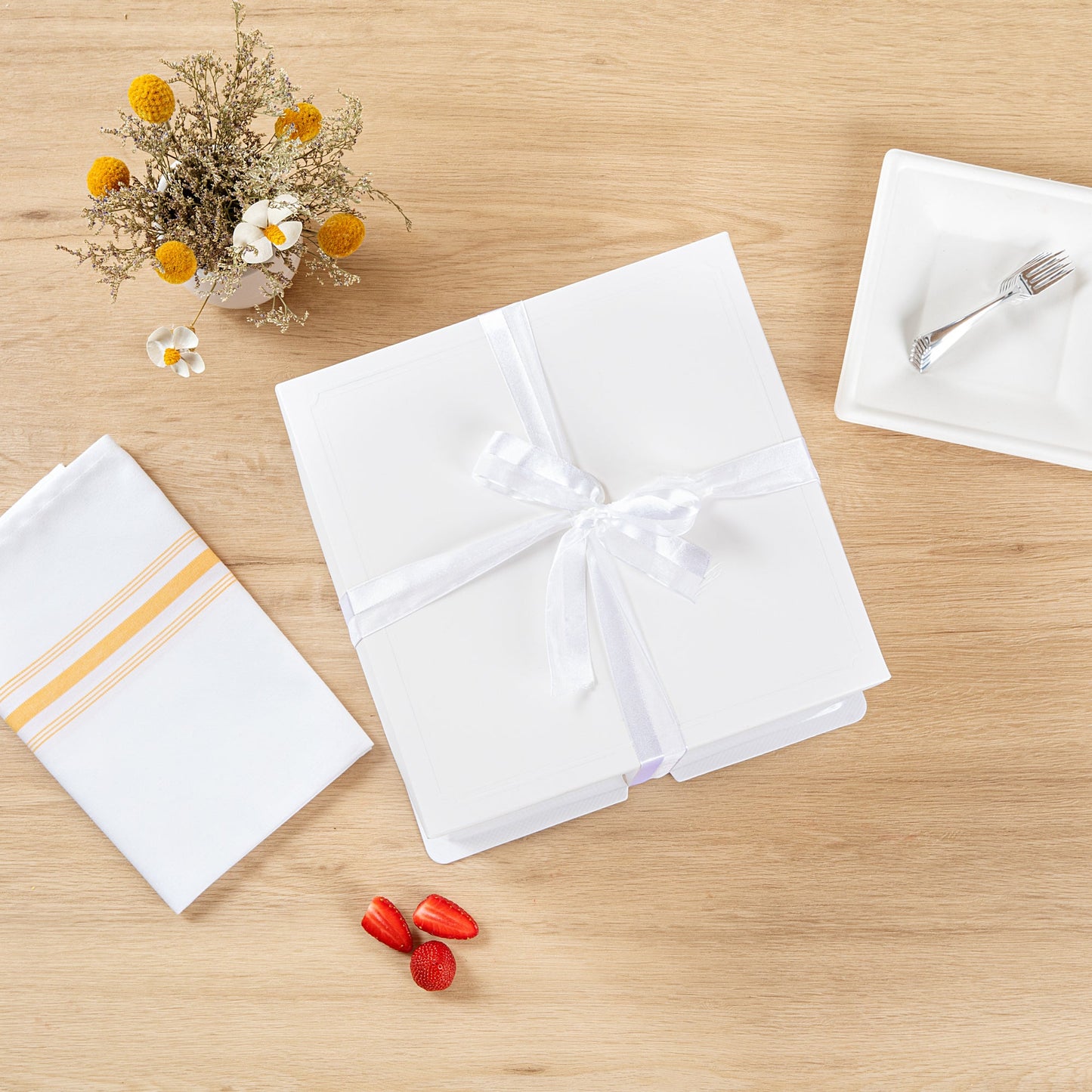 Sweet Vision Square Clear Plastic Cake Box - White Lid and White Base, Gray Ribbon, Lotus Accent - 8 1/2" x 8 1/2" x 6 3/4" - 10 count box