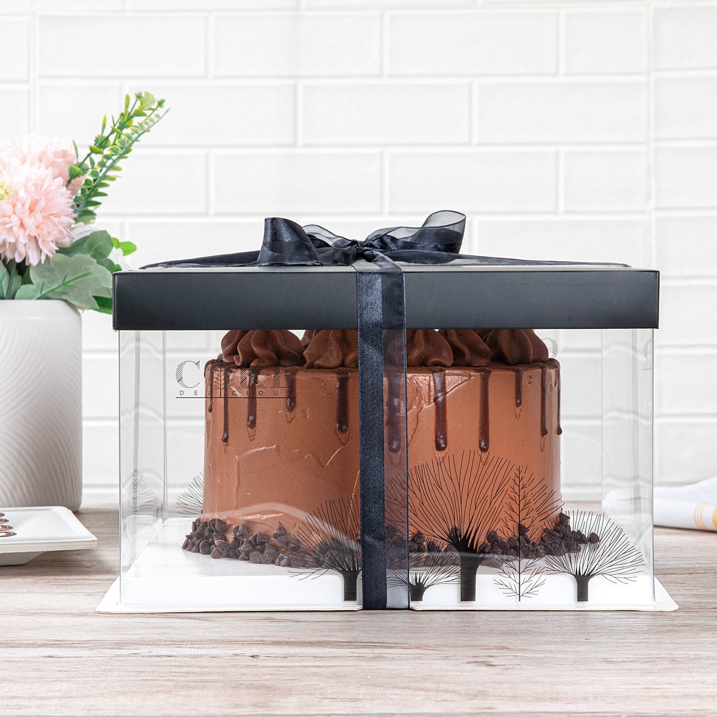 Sweet Vision Square Clear Plastic Cake Box - Black Lid and White Base, Black Ribbon, Tree Accent - 10" x 10" x 8 1/4" - 10 count box