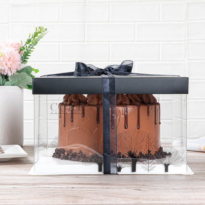 Sweet Vision Square Clear Plastic Cake Box - Black Lid and White Base, Black Ribbon, Tree Accent - 10" x 10" x 8 1/4" - 10 count box