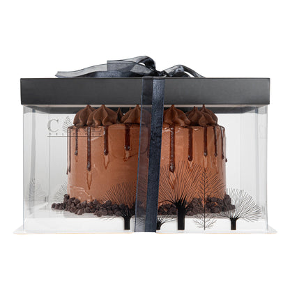 Sweet Vision Square Clear Plastic Cake Box - Black Lid and White Base, Black Ribbon, Tree Accent - 10" x 10" x 8 1/4" - 10 count box