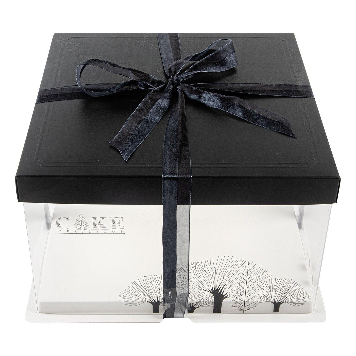Sweet Vision Square Clear Plastic Cake Box - Black Lid and White Base, Black Ribbon, Tree Accent - 10" x 10" x 8 1/4" - 10 count box