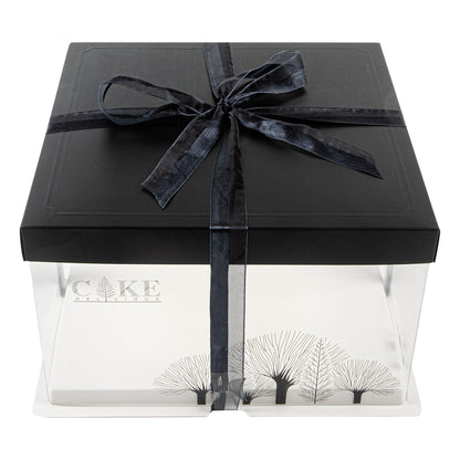 Sweet Vision Square Clear Plastic Cake Box - Black Lid and White Base, Black Ribbon, Tree Accent - 10" x 10" x 8 1/4" - 10 count box