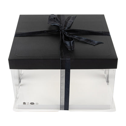 Sweet Vision Square Clear Plastic Cake Box - Black Lid and White Base, Black Ribbon, Tree Accent - 10" x 10" x 8 1/4" - 10 count box