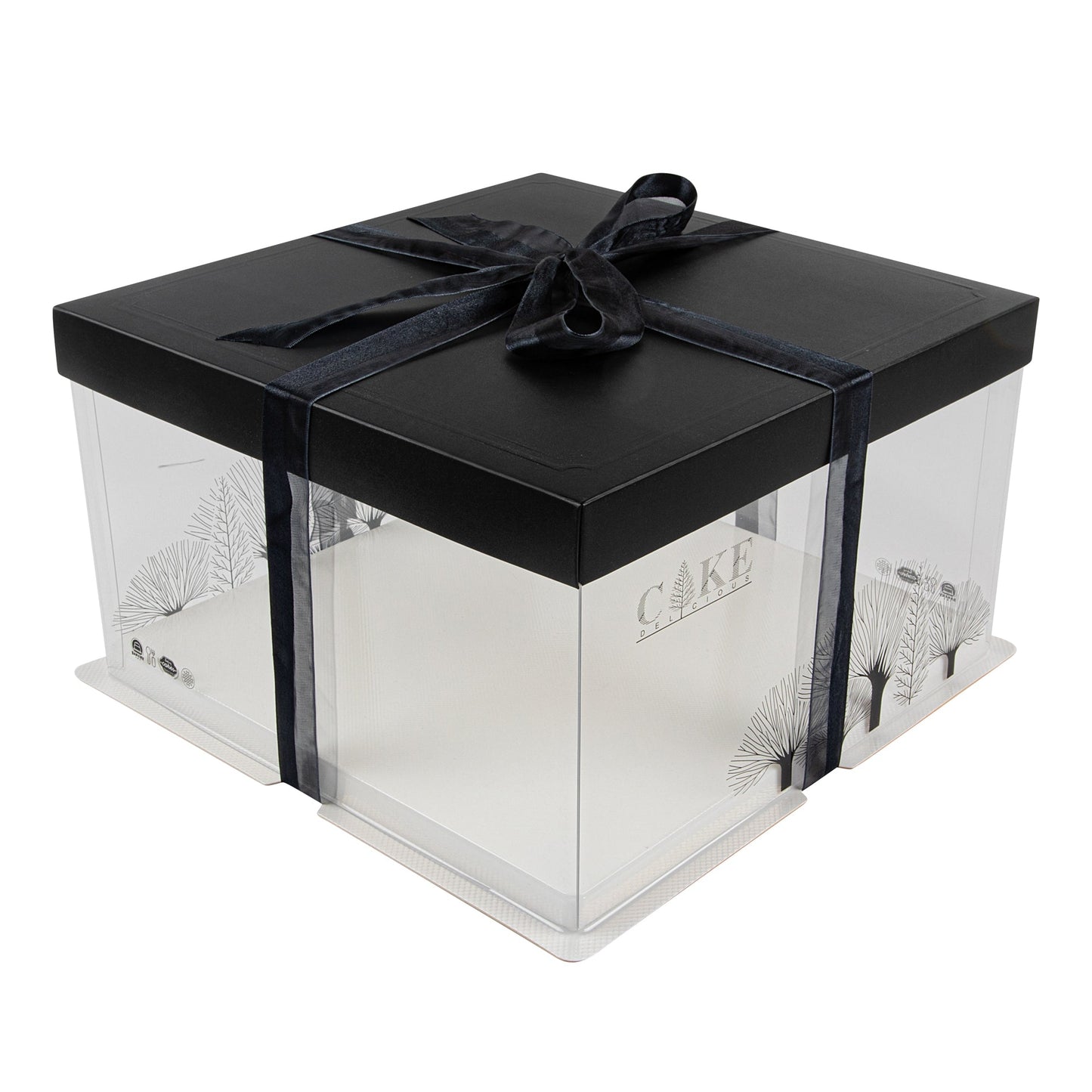 Sweet Vision Square Clear Plastic Cake Box - Black Lid and White Base, Black Ribbon, Tree Accent - 10" x 10" x 8 1/4" - 10 count box