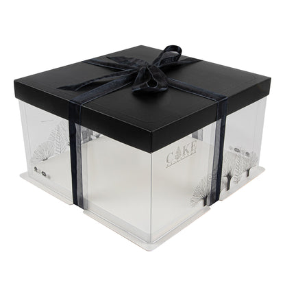 Sweet Vision Square Clear Plastic Cake Box - Black Lid and White Base, Black Ribbon, Tree Accent - 10" x 10" x 8 1/4" - 10 count box