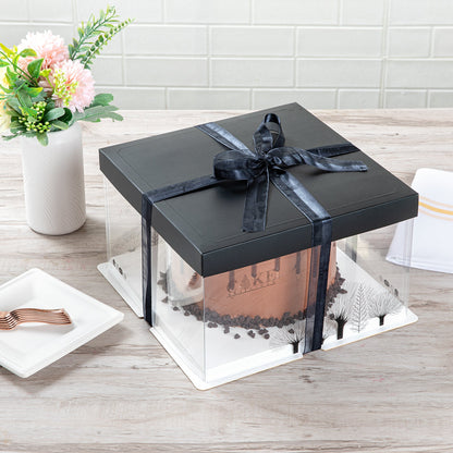 Sweet Vision Square Clear Plastic Cake Box - Black Lid and White Base, Black Ribbon, Tree Accent - 10" x 10" x 8 1/4" - 10 count box