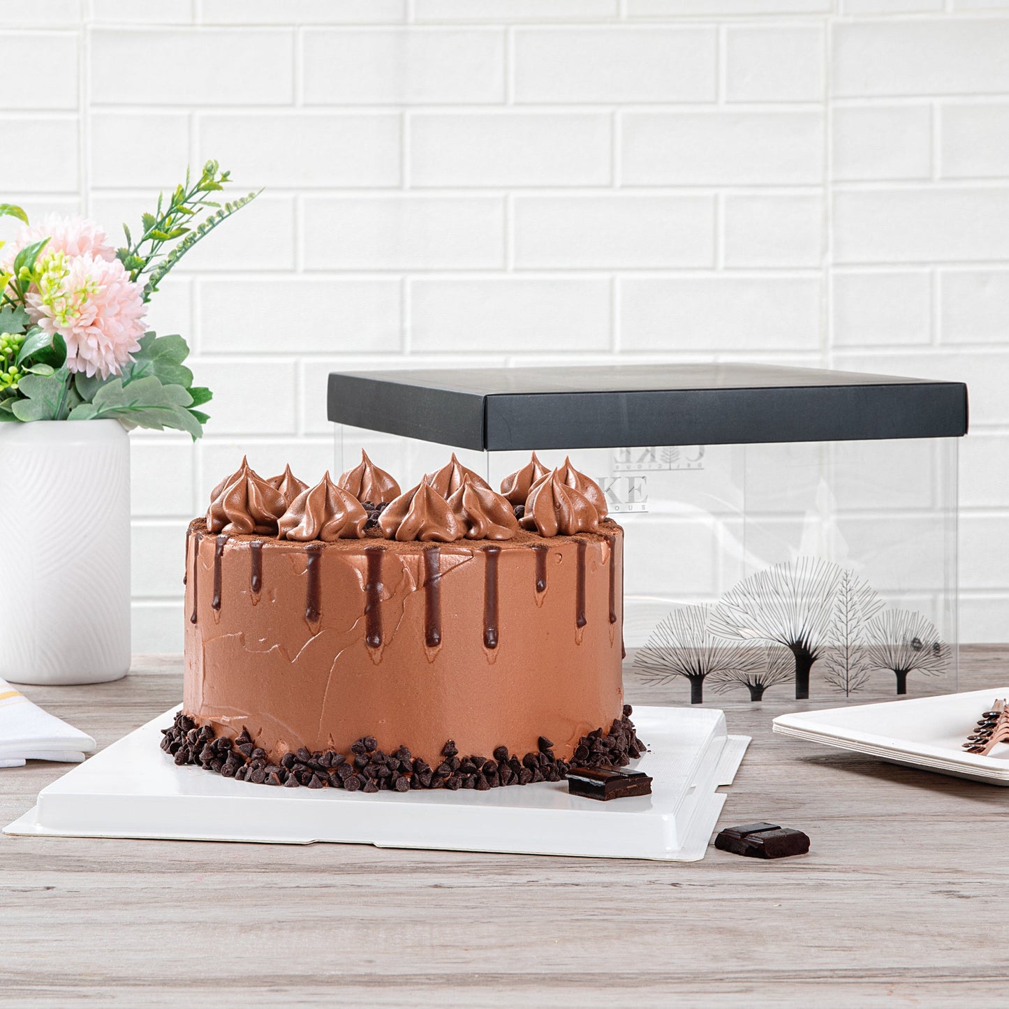 Sweet Vision Square Clear Plastic Cake Box - Black Lid and White Base, Black Ribbon, Tree Accent - 10" x 10" x 8 1/4" - 10 count box