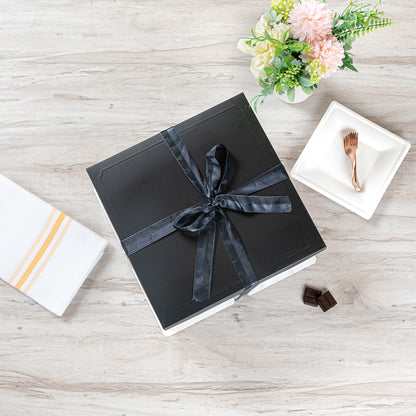 Sweet Vision Square Clear Plastic Cake Box - Black Lid and White Base, Black Ribbon, Tree Accent - 10" x 10" x 8 1/4" - 10 count box