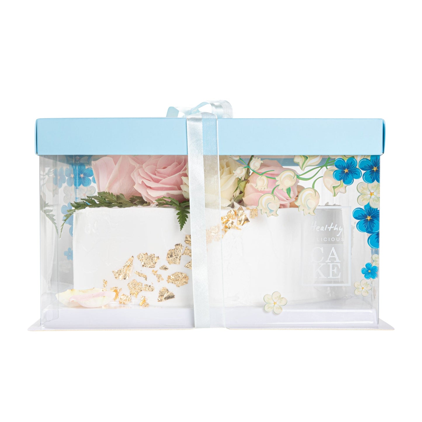 Sweet Vision Square Clear Plastic Cake Box - Blue Lid and White Base, Blue Ribbon, Flower Accent - 10" x 10" x 8 1/4" - 10 count box