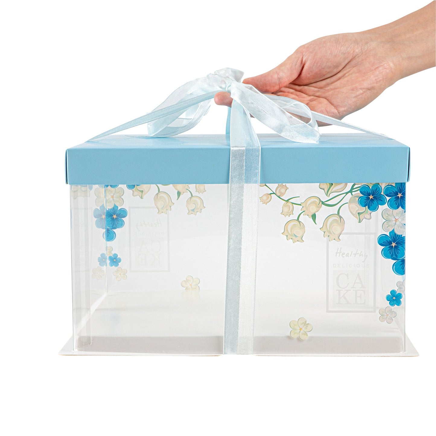 Sweet Vision Square Clear Plastic Cake Box - Blue Lid and White Base, Blue Ribbon, Flower Accent - 10" x 10" x 8 1/4" - 10 count box