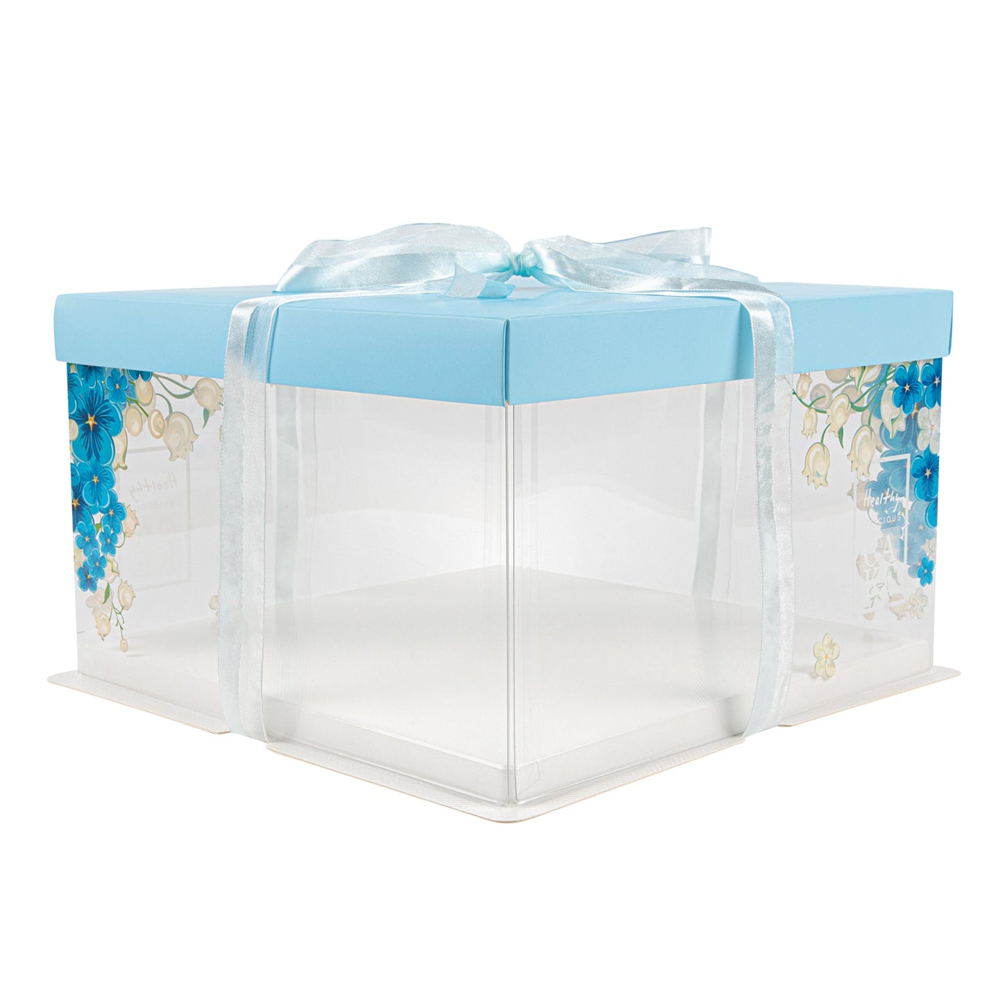 Sweet Vision Square Clear Plastic Cake Box - Blue Lid and White Base, Blue Ribbon, Flower Accent - 10" x 10" x 8 1/4" - 10 count box