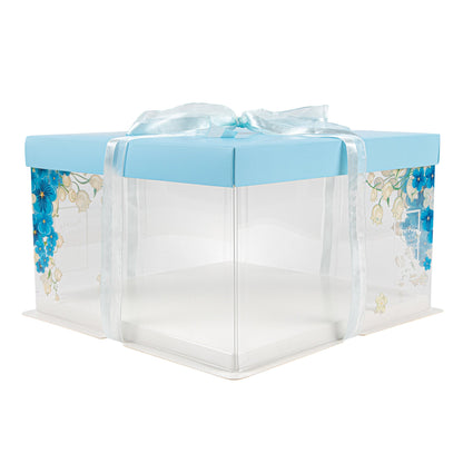 Sweet Vision Square Clear Plastic Cake Box - Blue Lid and White Base, Blue Ribbon, Flower Accent - 10" x 10" x 8 1/4" - 10 count box