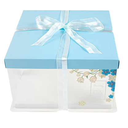 Sweet Vision Square Clear Plastic Cake Box - Blue Lid and White Base, Blue Ribbon, Flower Accent - 10" x 10" x 8 1/4" - 10 count box