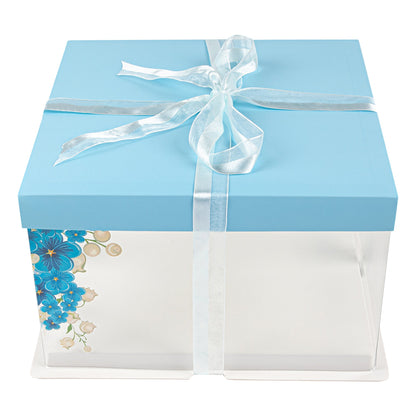 Sweet Vision Square Clear Plastic Cake Box - Blue Lid and White Base, Blue Ribbon, Flower Accent - 10" x 10" x 8 1/4" - 10 count box