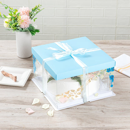 Sweet Vision Square Clear Plastic Cake Box - Blue Lid and White Base, Blue Ribbon, Flower Accent - 10" x 10" x 8 1/4" - 10 count box