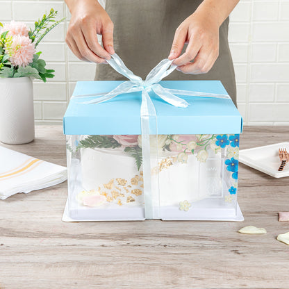Sweet Vision Square Clear Plastic Cake Box - Blue Lid and White Base, Blue Ribbon, Flower Accent - 10" x 10" x 8 1/4" - 10 count box