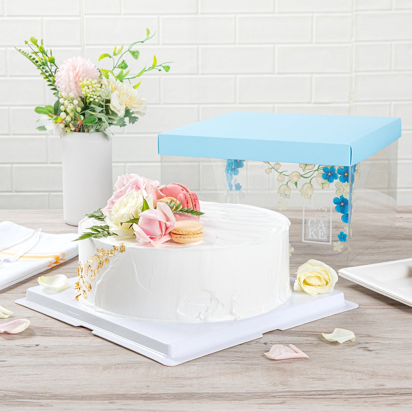 Sweet Vision Square Clear Plastic Cake Box - Blue Lid and White Base, Blue Ribbon, Flower Accent - 10" x 10" x 8 1/4" - 10 count box