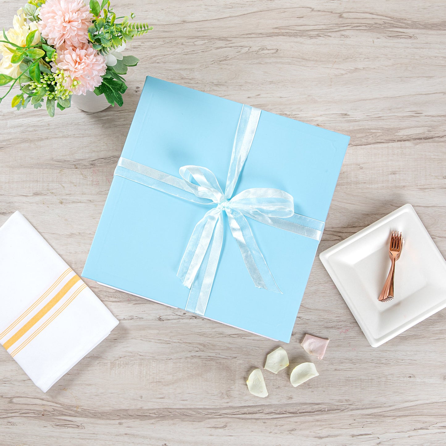 Sweet Vision Square Clear Plastic Cake Box - Blue Lid and White Base, Blue Ribbon, Flower Accent - 10" x 10" x 8 1/4" - 10 count box