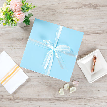 Sweet Vision Square Clear Plastic Cake Box - Blue Lid and White Base, Blue Ribbon, Flower Accent - 10" x 10" x 8 1/4" - 10 count box