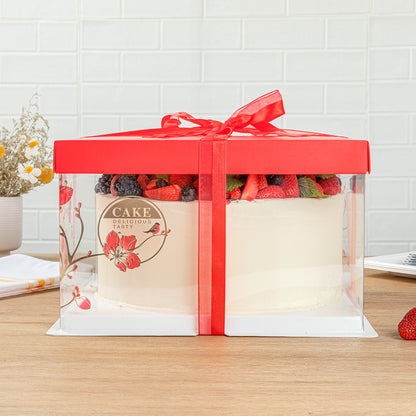 Sweet Vision Square Clear Plastic Cake Box - Red Lid and White Base, Red Ribbon, Flower / Bird Accent - 10" x 10" x 8 1/4" - 10 count box